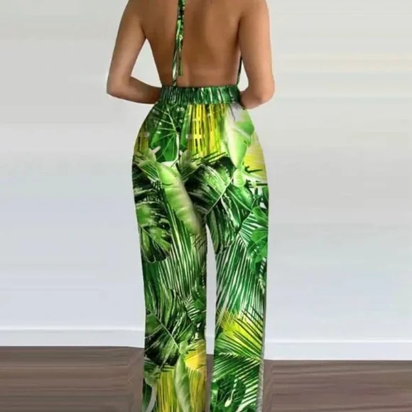 Tropical Green Leaf Print Jumpsuit - Picture 3 of 4